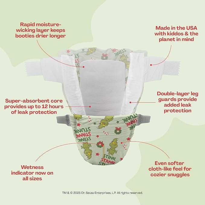 Hello Bello Dr. Seuss Baby Grinch Premium Diapers, Size NB, 76ct Plus Bonus - Image 5