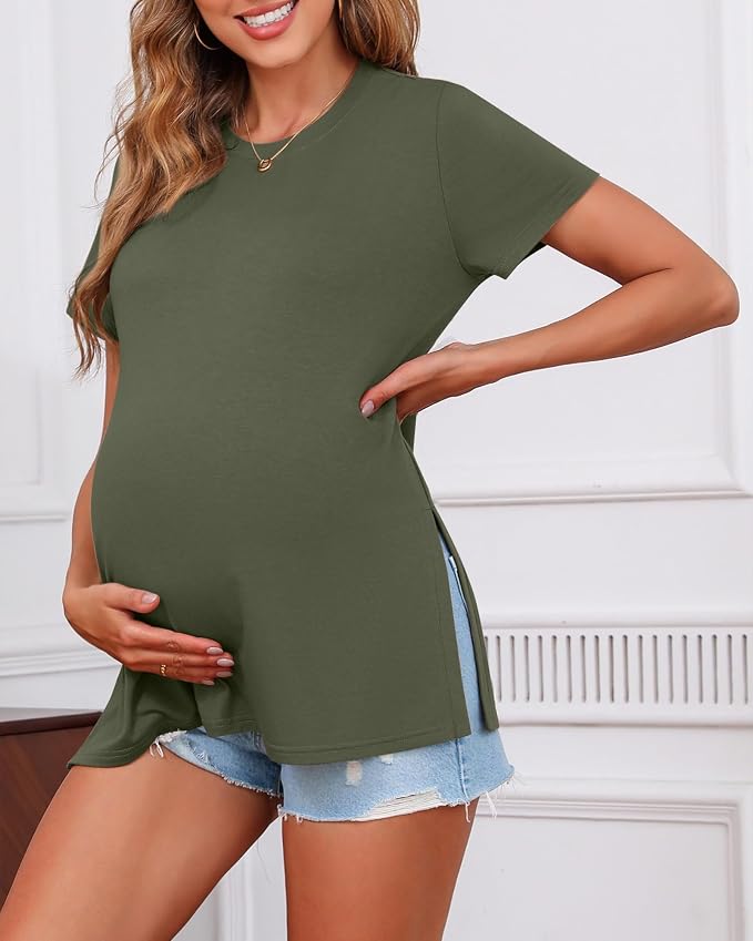 Ficerd 3 Pack Women's Maternity T Shirts, Short Sleeve Side Split Pregnancy - Image 4