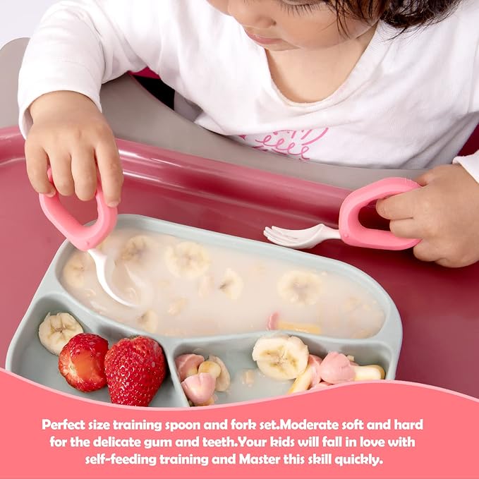 Training Spoon & Fork with Travel Case Pink | Toddler Self Feeding Utensil Set - Image 5