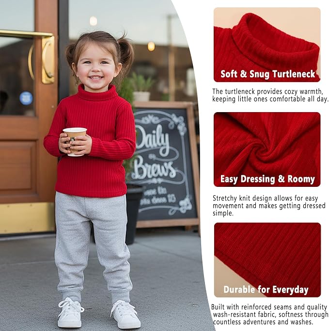 DEFAHN 2 Pack Toddler Unisex Solid Turtleneck T-Shirt Long Sleeve Ribbed - Image 2