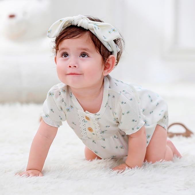Newborn Baby Girl Clothes Cotton Bubble Romper Floral Short Sleeve Bodysuit 3 - Image 7