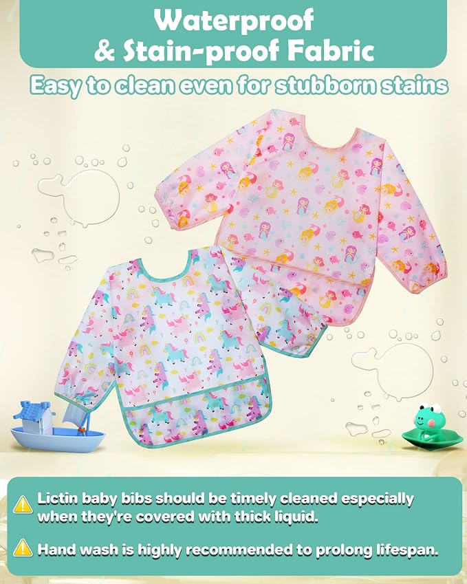 Lictin 3 Pack Baby Bibs for Boy or Girl, Cute Long Sleeve Bib, Waterproof Bibs - Image 3