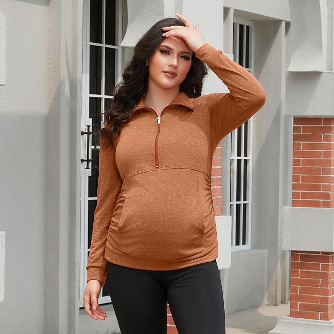 GINKANA Maternity Women's Long Sleeve Shirt Half Zipper Lapel Lightweight - Image 4