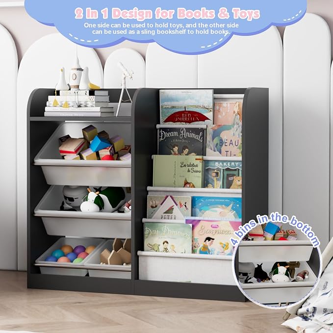Black Kids Wood Bookshelf Toy Storage Box Organizer Shelf W/4 Removable Plastic - Image 6
