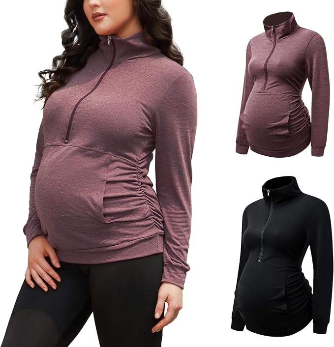 GINKANA Maternity Women's Long Sleeve Shirt Half Zipper Lapel Lightweight by GINKANA