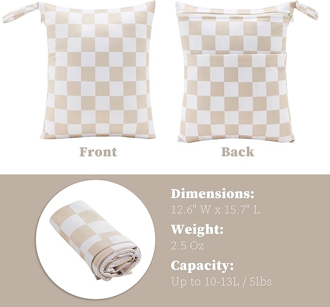 Beige Khaki Checkered Waterproof Wet Dy Diaper Bag - Image 7