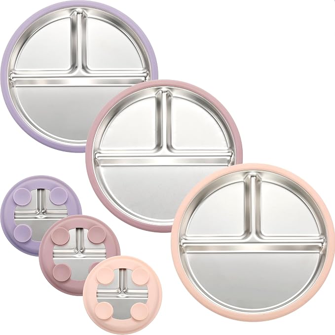 3Pack Stainless Steel Kids Plates, 8.1" Divided Kids Plate by SPMKTQK