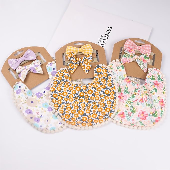 Baby Girls Floral Print Bibs, Reversible Burp Cloth Set - Image 7