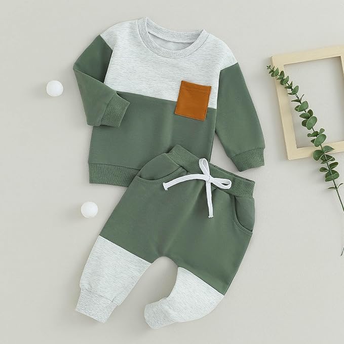 Toddler Baby Boy Fall Clothes Waffle Contrast Color Sweatshirt Pants Sets - Image 3