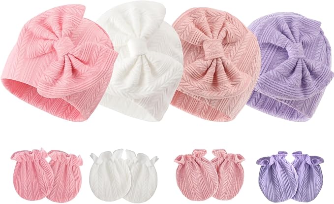 BQUBO Newborn Baby Hats Mittens Set Hospital Hat Beanie Infant Bow Hats Baby by DRESHOW