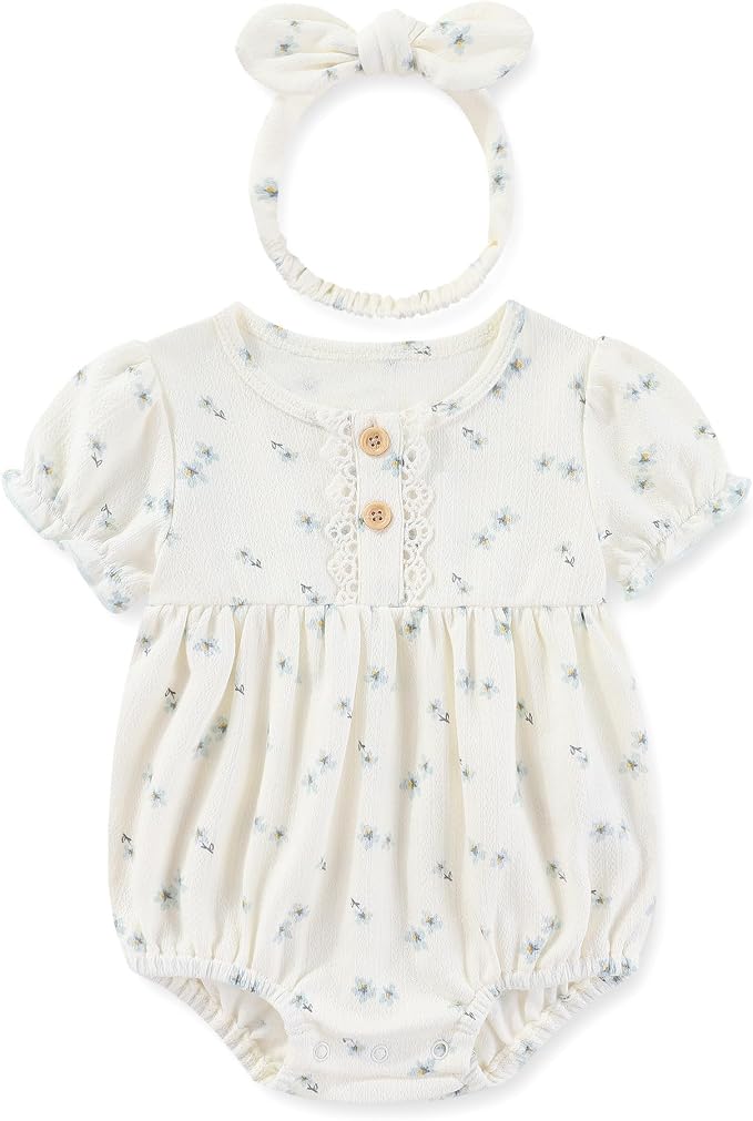 Newborn Baby Girl Clothes Cotton Bubble Romper Floral Short Sleeve Bodysuit 3 - Image 2