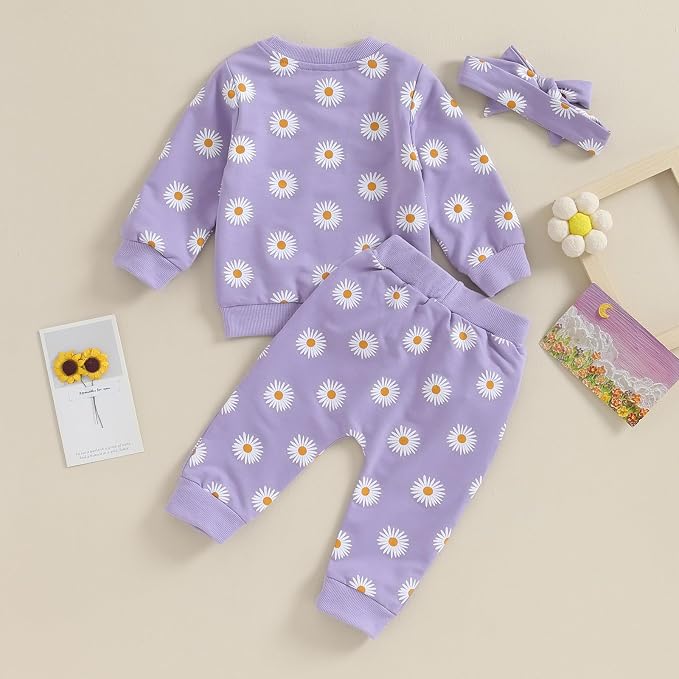3Pcs Baby Girl Outfits Daisy Sweatshirt + Pants + Headband Infant Fall Winter - Image 7