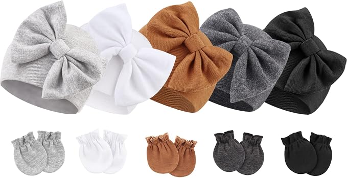 BQUBO Newborn Baby Girls Hats Mittens Set Hospital Hat Beanie Infant Bow Hats by DRESHOW