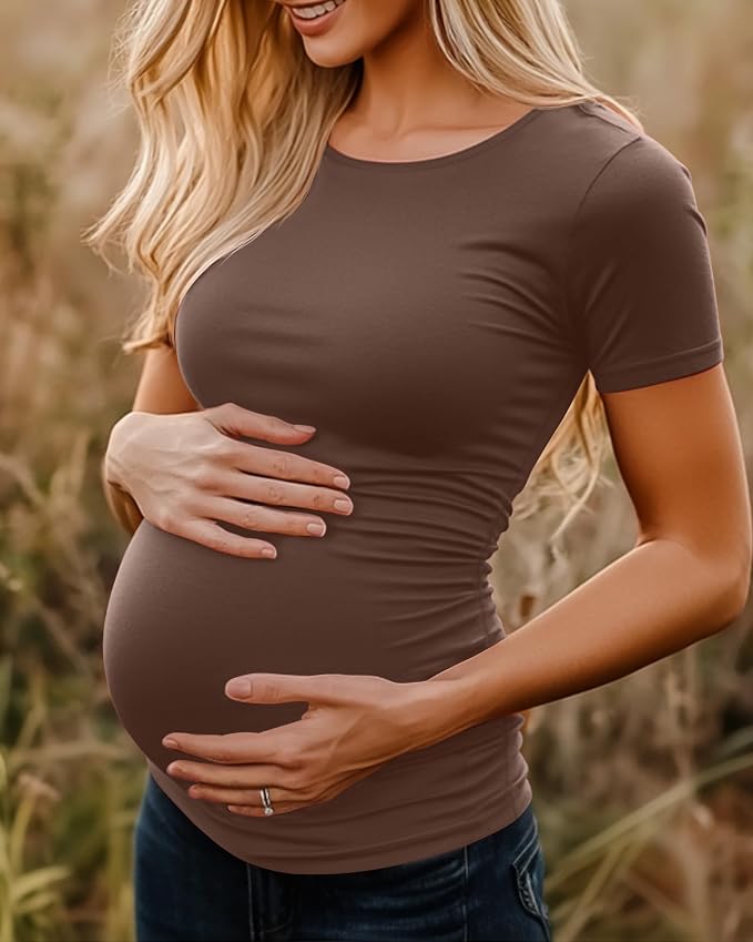Huukeay 4 Pack Women's Maternity Shirts, Crew Neck Maternity Top Short Sleeve - Image 4
