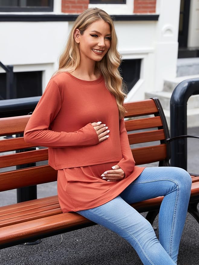 Ecavus Women's 3Pack Maternity Nursing Shirts Long Sleeve Double Layer - Image 2