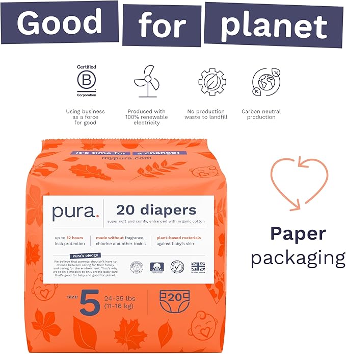 Pura Size 5 Eco-Friendly Diapers Totally Chlorine Free Hypoallergenic, Soft - Image 4