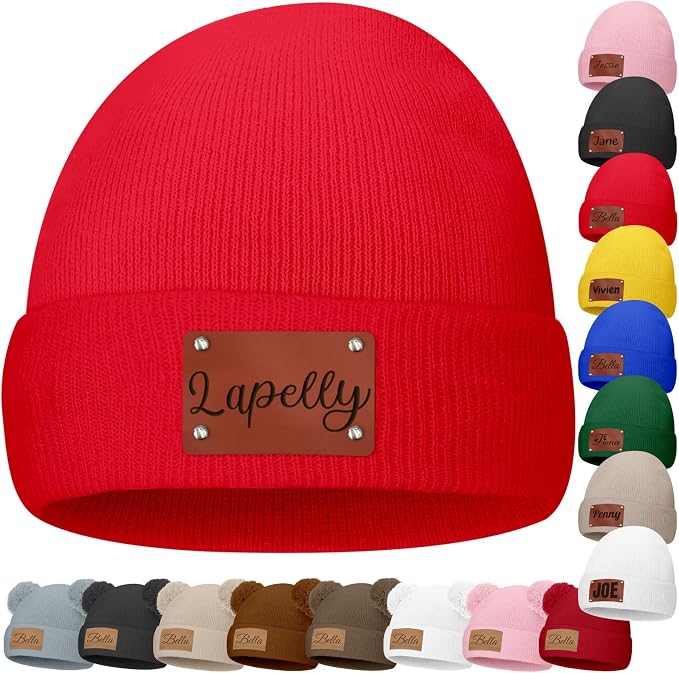 Custom Baby Beanies Personalized Toddler Winter Hats Name Leather Patch Kids by Unknown