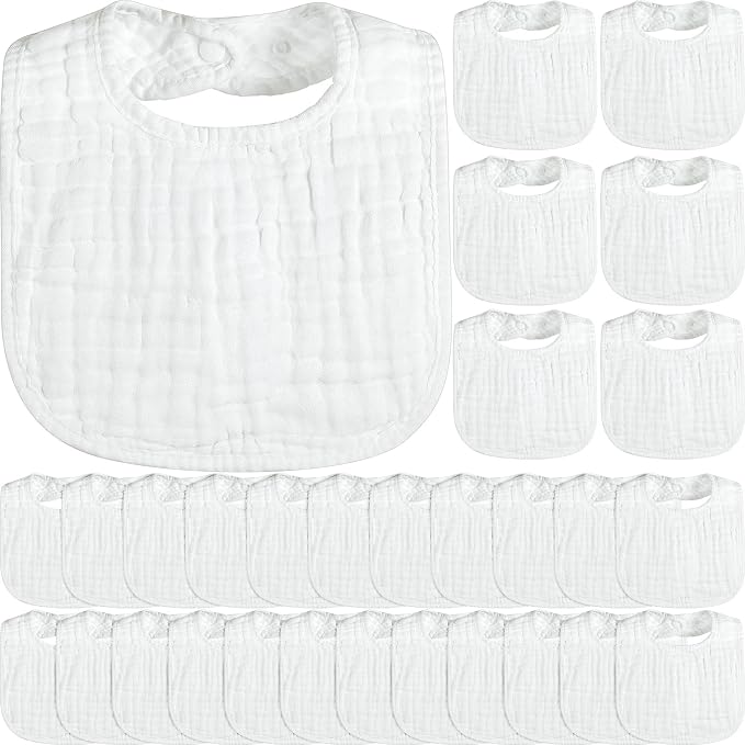 Reginary 30 Pack White Muslin Baby Bibs Bulk Adjustable 6 Layers Baby Bandana by Reginary
