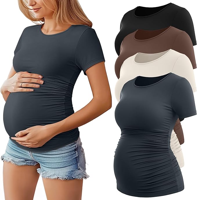 Huukeay 4 Pack Women's Maternity Shirts, Crew Neck Maternity Top Short Sleeve by Huukeay