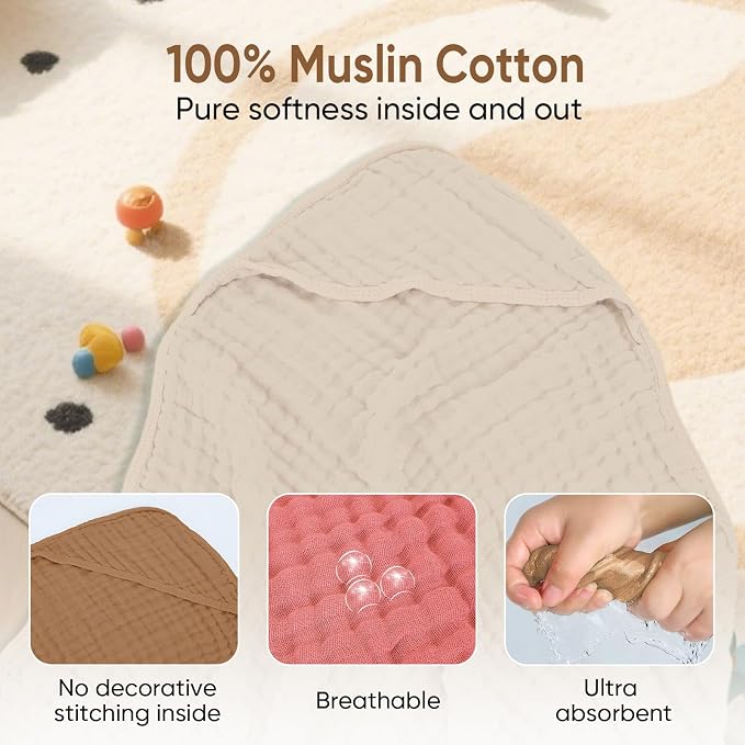 Muslin Hooded Baby Towels 100% Cotton ，Super Soft Muslin Baby Bath Towel - Image 2