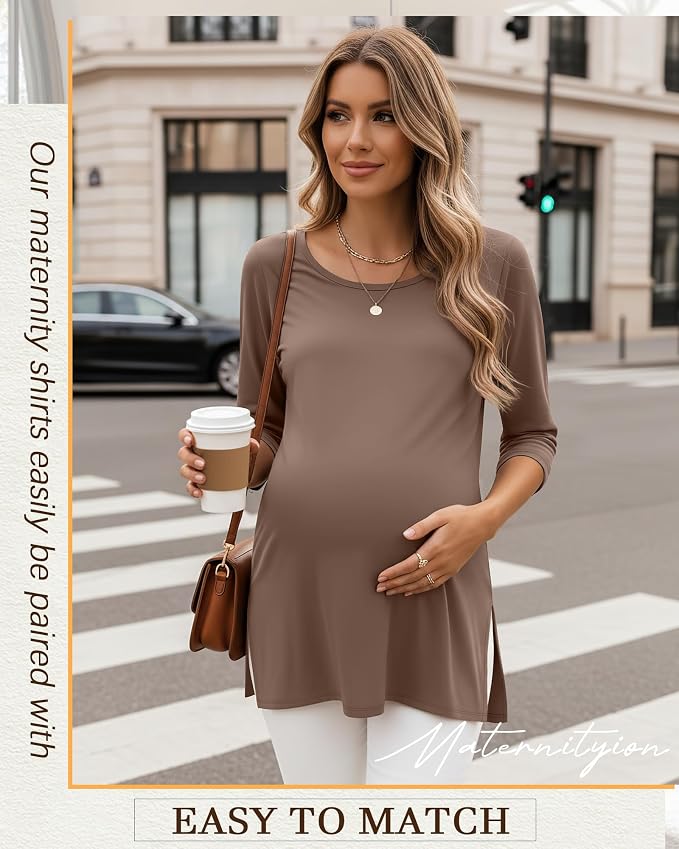 3 Pack Women's 3/4 Sleeve Maternity Shirts Elbow Length Clothes Round Neck - Image 2