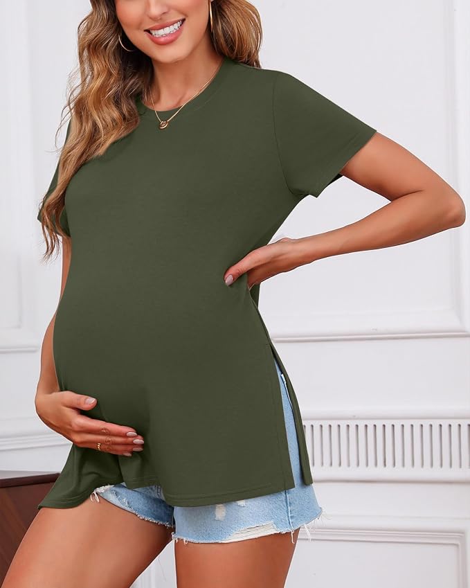 Ficerd 3 Pack Women's Maternity T Shirts, Short Sleeve Side Split Pregnancy - Image 4