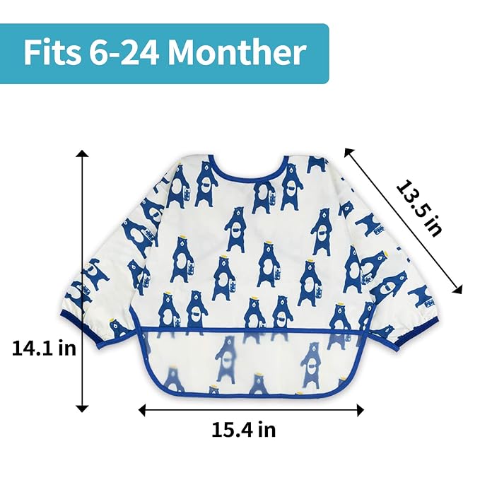 Baby Noah 3 Pack Long Sleeve Bib, Toddler Mess Free & Waterproof Shirt Bibs - Image 7