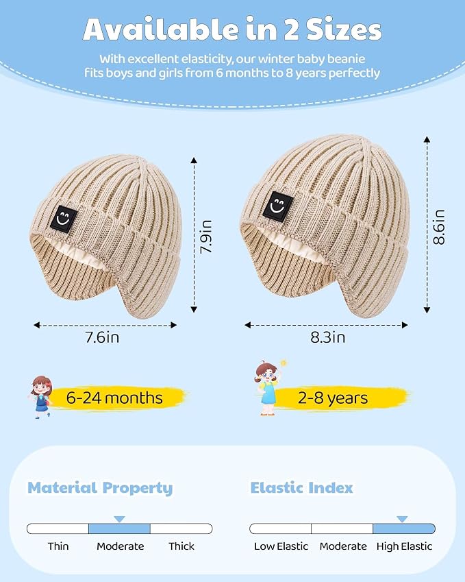 3 Pack Baby Beanie Hats with Earflaps, 2 Size Baby Winter Hat - Image 3