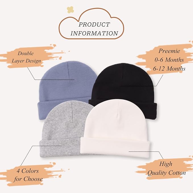 Bamery Cotton Baby Girl Hat Preemie Boys Beanie Newborn Hospital Hats Winter - Image 3