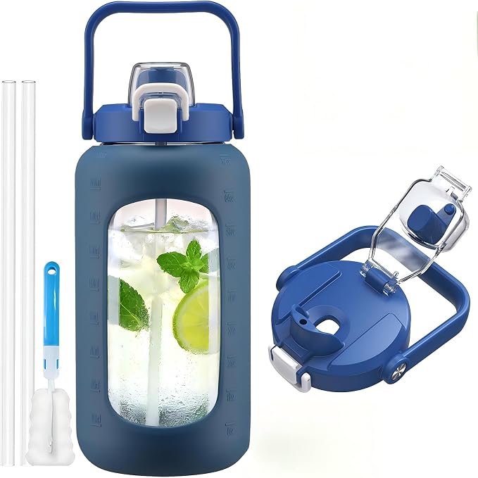72oz Glass Water Bottle with 2-IN-1 Straw &Chug Lid, Large Motivational Glass by NOLOGLAZIC