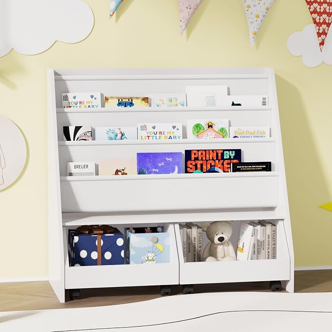 Kids Bookshelf with Two Movable Drawers Toddler Bookcase with Toy Storage - Image 3