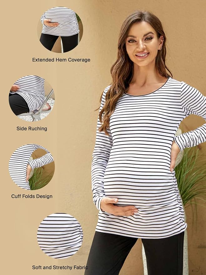 Ecavus Women's Maternity Shirts Long Sleeve Soft Stretchy Pregnancy Tops Side - Image 3
