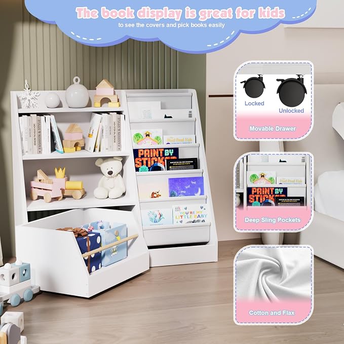 Kids Bookshelf with Toy Storage Organizer Movable Drawer, Toddler Bookcase 5 - Image 6