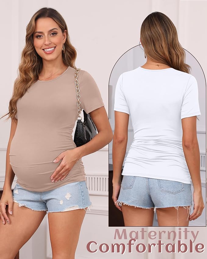 Huukeay 4 Pack Women's Maternity Shirts, Crew Neck Maternity Top Short Sleeve - Image 2