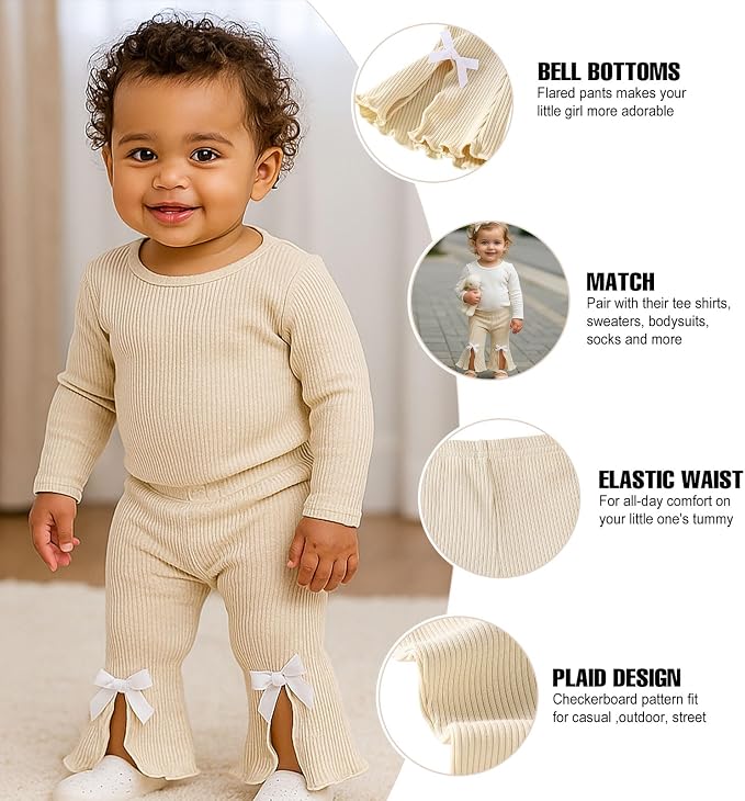 SOBOWO Baby Girl Flare Pants 3 Pack Toddler Solid Ribbed Ruffle Bell Bottoms - Image 4