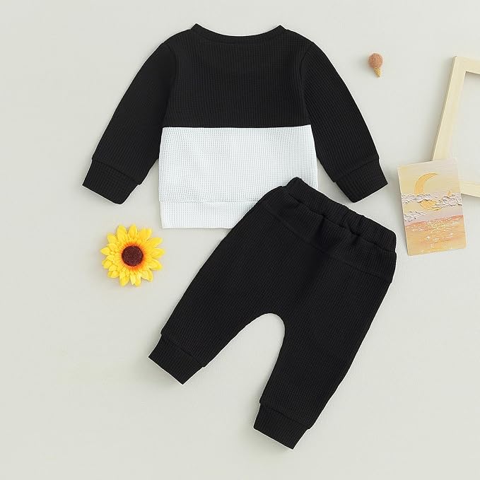 Toddler Baby Boy Fall Clothes Waffle Contrast Color Sweatshirt Pants Sets - Image 4