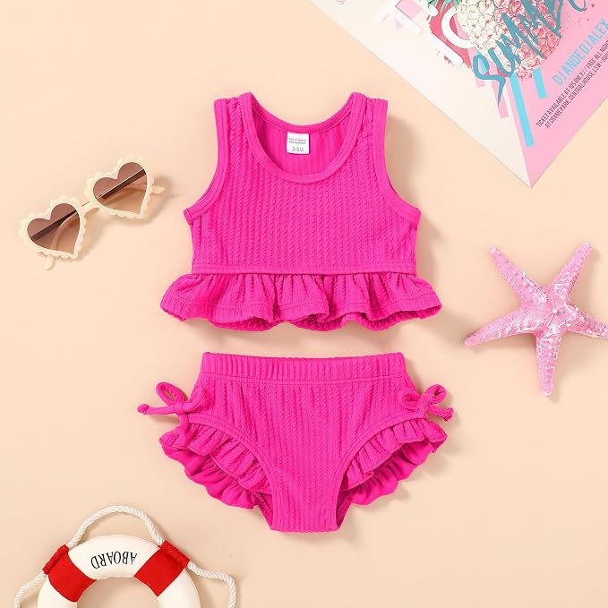 HAPPYMA Baby Swimsuit Toddler Girl Bathing Suit Summer Solid Color Bikini Set - Image 2