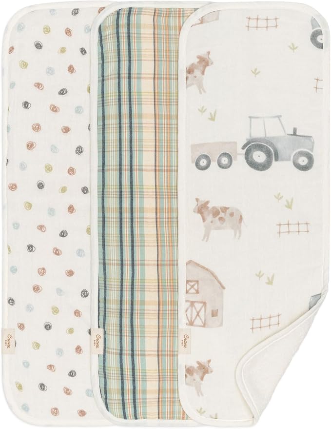 Crane Baby Burp Cloths Set, 3-pc. Charlie Farmhouse Tractor Collection by CraneBaby