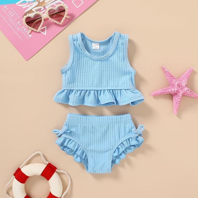 HAPPYMA Baby Swimsuit Toddler Girl Bathing Suit Summer Solid Color Bikini Set - Image 2