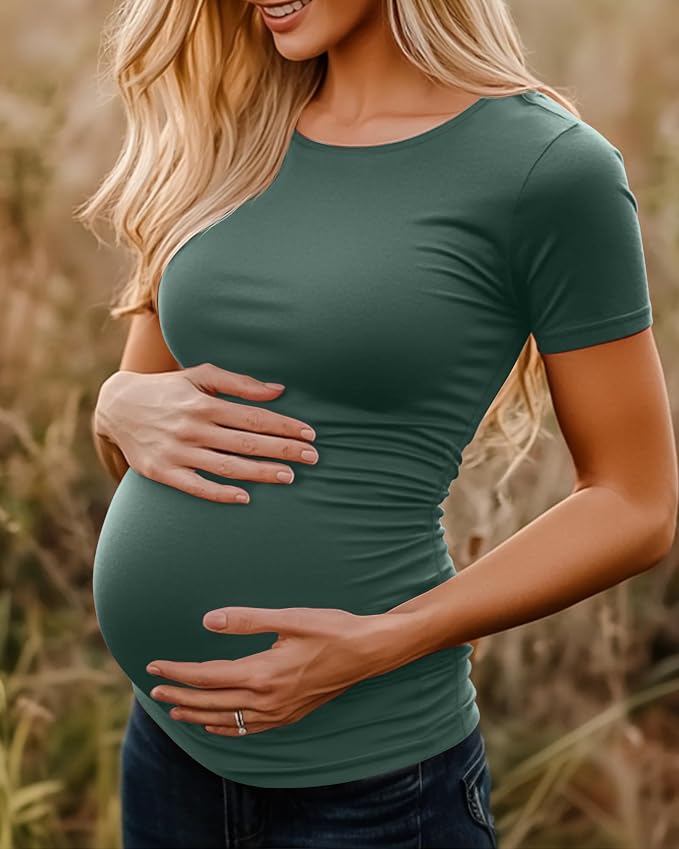 Huukeay 4 Pack Women's Maternity Shirts, Crew Neck Maternity Top Short Sleeve - Image 4