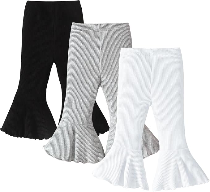 SOBOWO Baby Girl Flare Pants 3 Pack Toddler Solid Ribbed Ruffle Bell Bottoms by SOBOWO