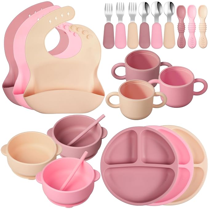 24 Pack Silicone Baby Feeding Set Baby LED Weaning Supplies Includes Suction by Yinder