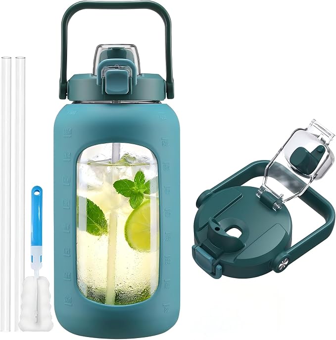 72oz Glass Water Bottle with 2-IN-1 Straw &Chug Lid, Large Motivational Glass by NOLOGLAZIC