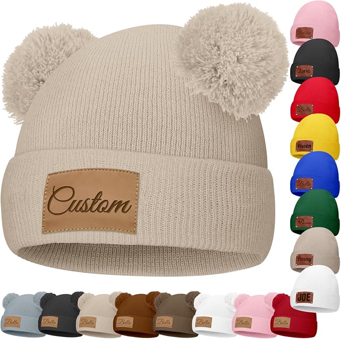 Custom Baby Beanies Personalized Toddler Winter Hats Name Leather Patch Kids by Unknown