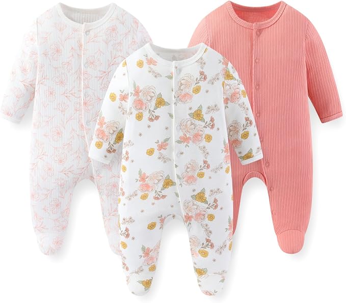 Unisex Baby Boy Girl Footies Rompers Cotton Long Sleeve 3 Pack Infant Jumpsuits by JELYLOVE