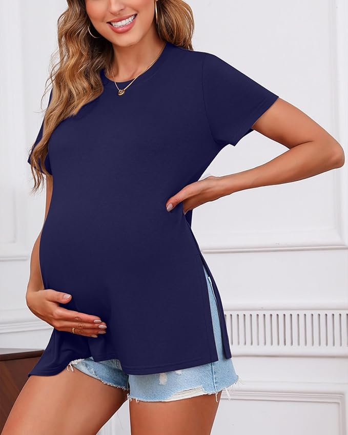 Ficerd 3 Pack Women's Maternity T Shirts, Short Sleeve Side Split Pregnancy - Image 4