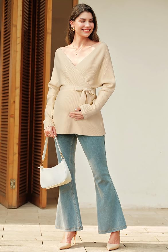 OUGES Womens Soft Cotton Blend Maternity Sweater Wrap V Neck Long Sleeve V Back - Image 6