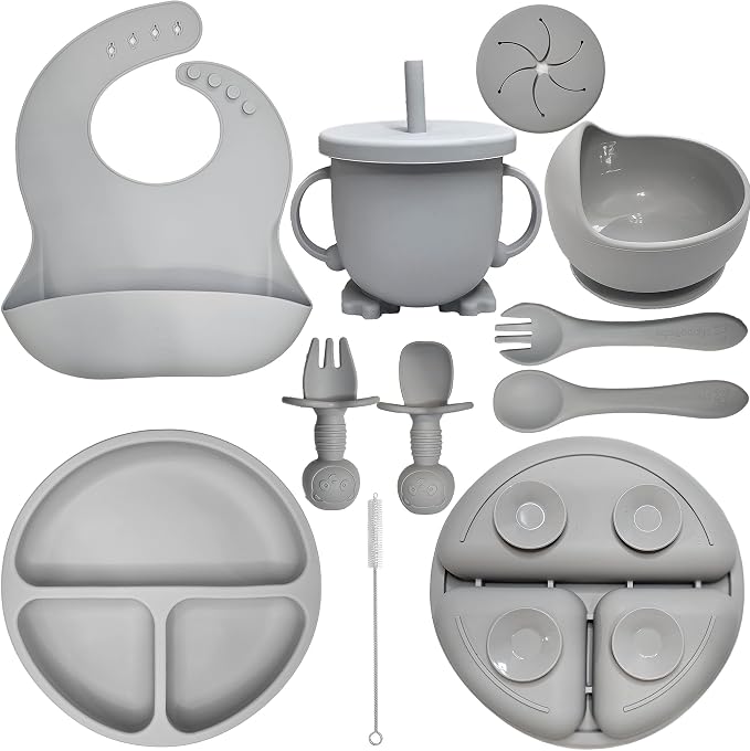 Baby Led Weaning Supplies | 10 Piece Silicone Feeding Set | Baby Toddler Bib by HippoBaby