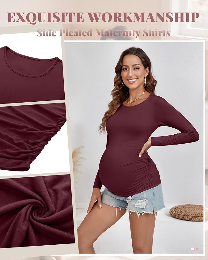 Ficerd 3 Pack Women's Maternity Shirts, Long Sleeve Side Ruched Pregnancy Tee - Image 6