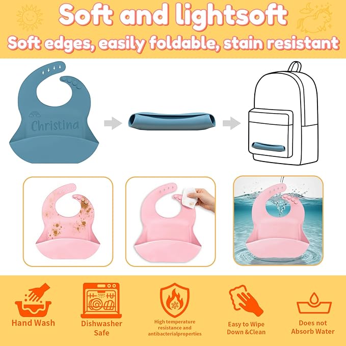 SRdrew Personalized Silicone Bibs Set Custom Engraved Name Icon Toddler Bib - Image 5